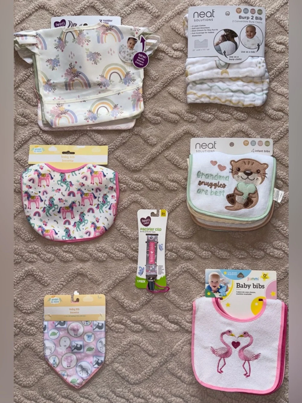 Baby Girl Bib Lot - NWT Bibs Pacifier Clip & Muslin Burp Cloths, 15 Piece Bundle